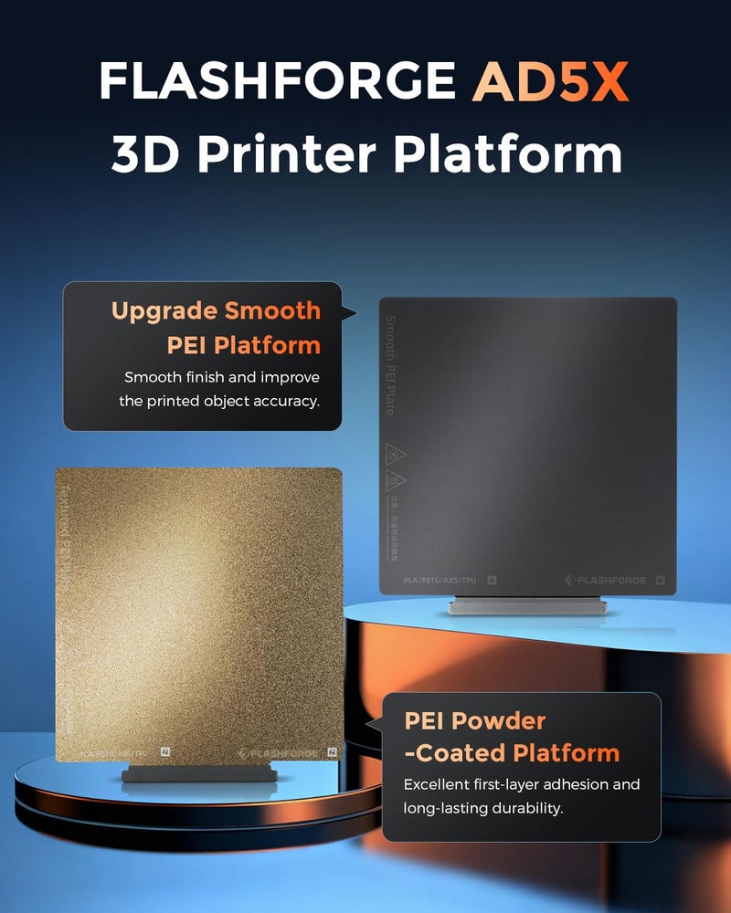 FLASHFORGE AD5X 3D Printer Platform Upgrade Smooth PEI Plate, Superior Adhesion and Glue-Free Print Materials, Automatic Release on Cooling and Smooth Surface Finish - Image 2